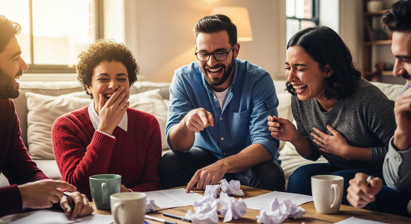 Venner rundt et bord jubler under en morsom quizrunde, med en gullpokal i midten