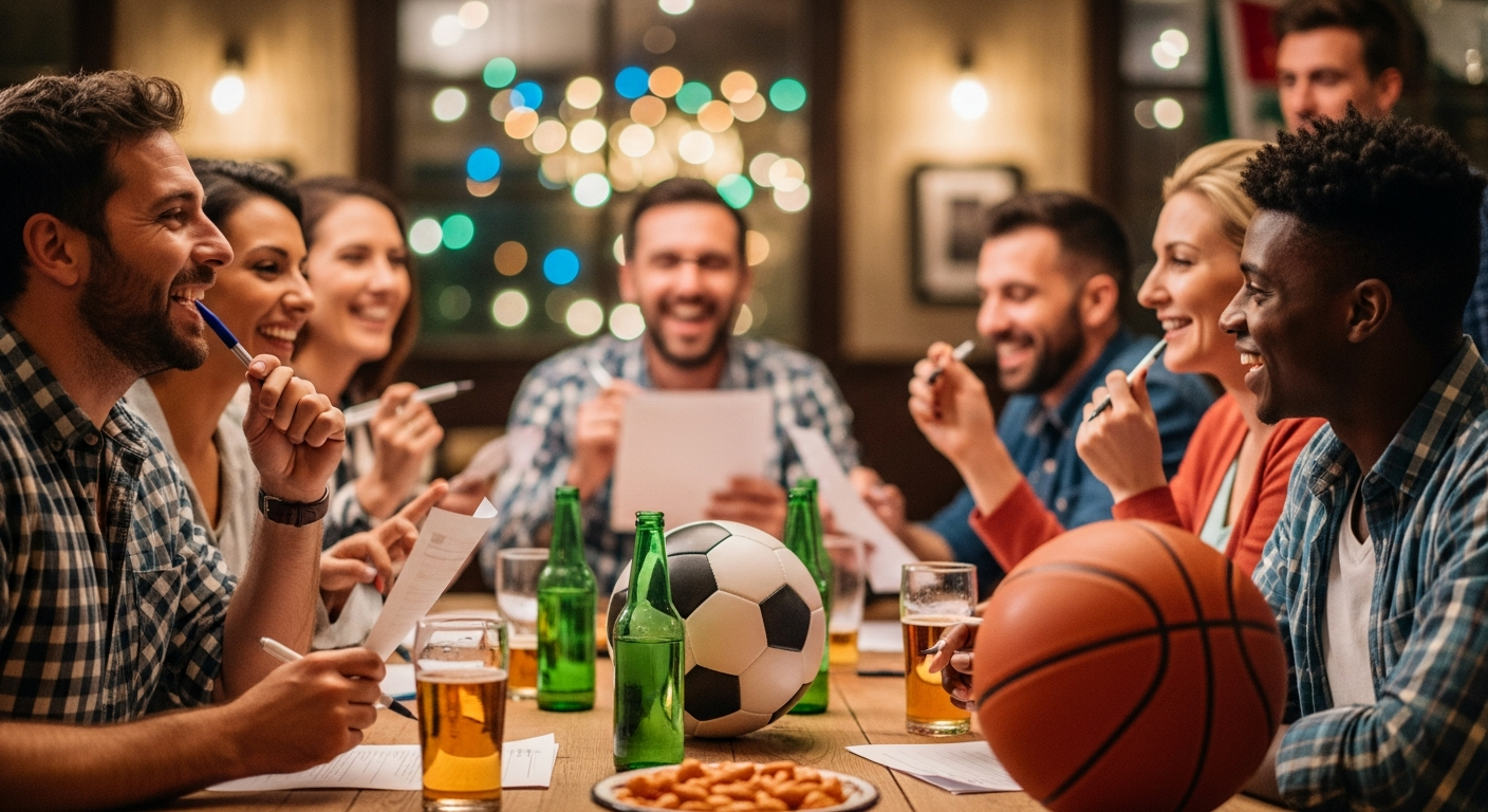 Venner på bar sitter rundt et bord, ler og spiller quiz med snacks og øl