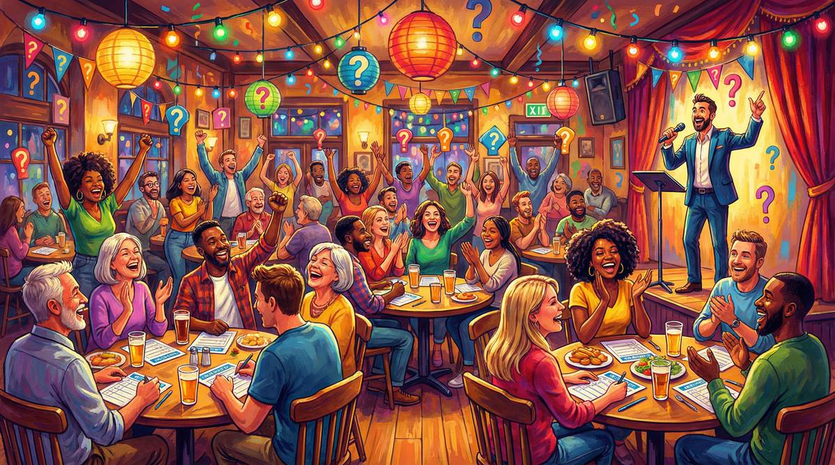 Gruppe mennesker som ler og har det gøy på en morsom quizkveld med spørsmål og svar