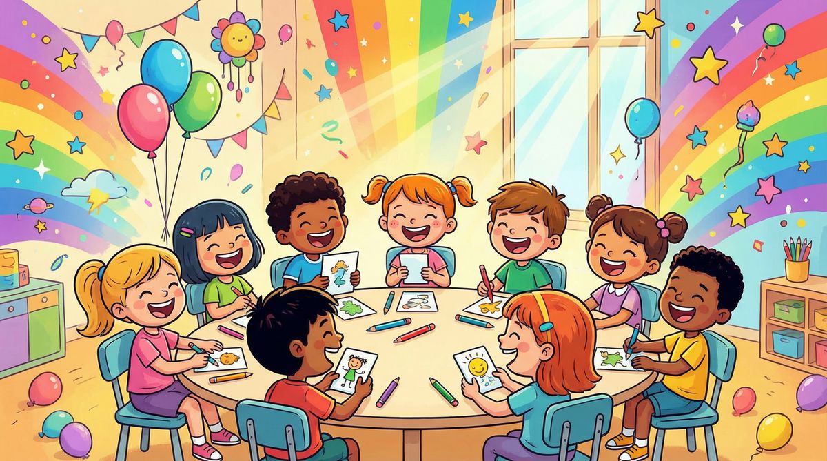 Glade barn sitter rundt et bord med quizkort og fargeblyanter i et lyst klasserom