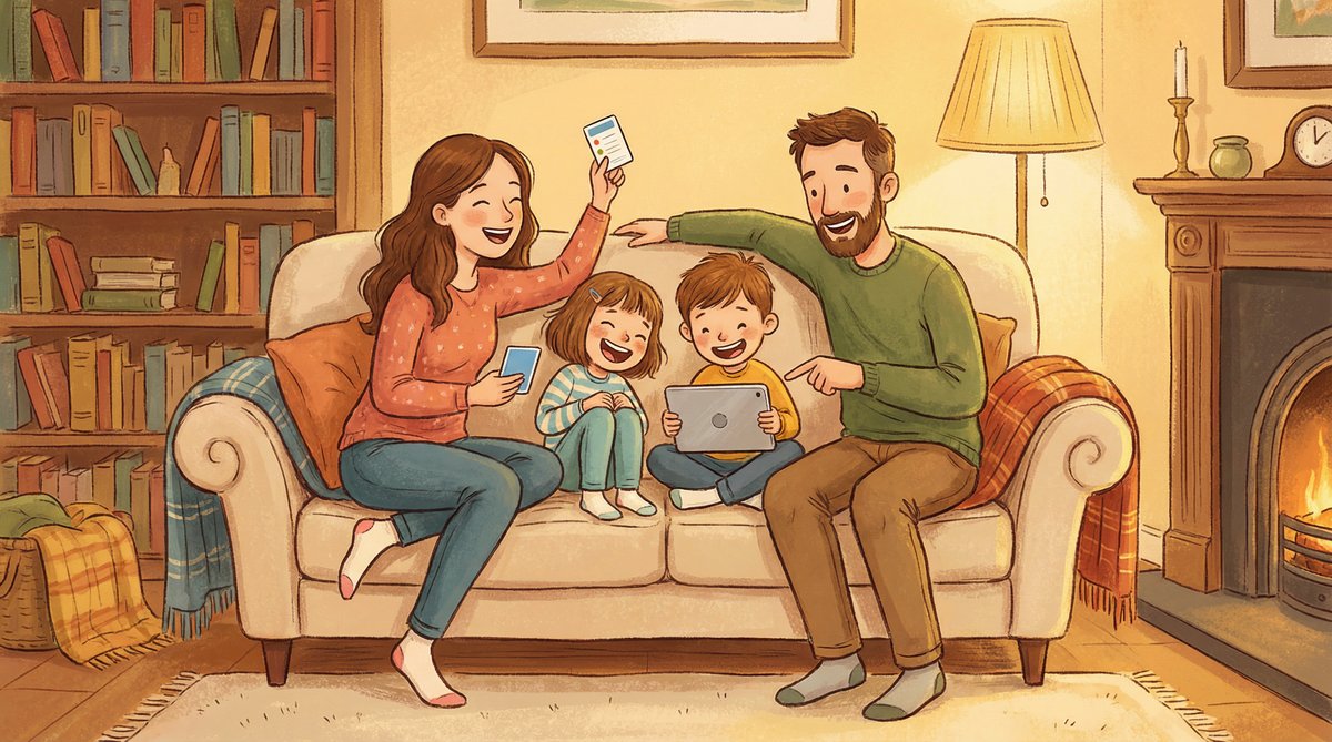 Familie på fire sitter i sofaen og spiller quizspill med kort og nettbrett i en koselig stue