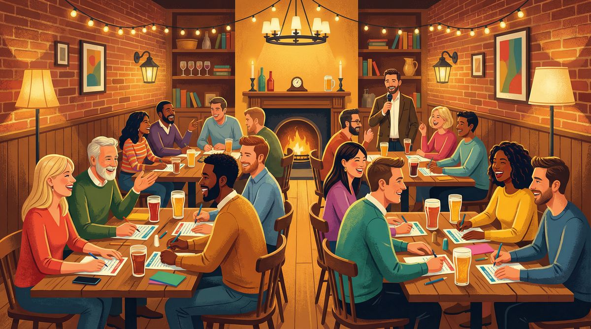Voksne sitter på pub og svarer på quizspørsmål med svarark og drikke i koselig belysning