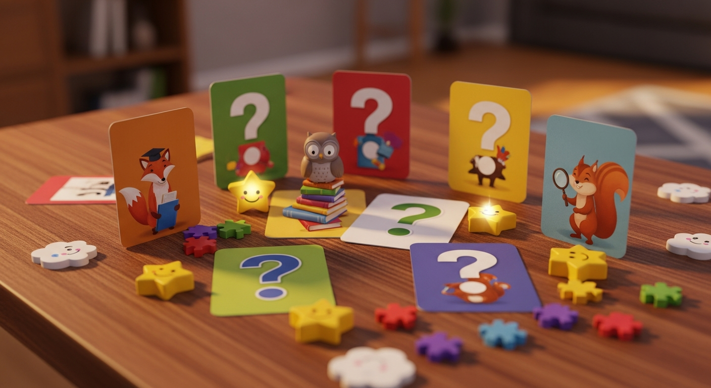Fargerike quizkort med spørsmålstegn og tegninger av rev, ugle og ekorn på et trebord, med puslespillbrikker og små stjerner rundt