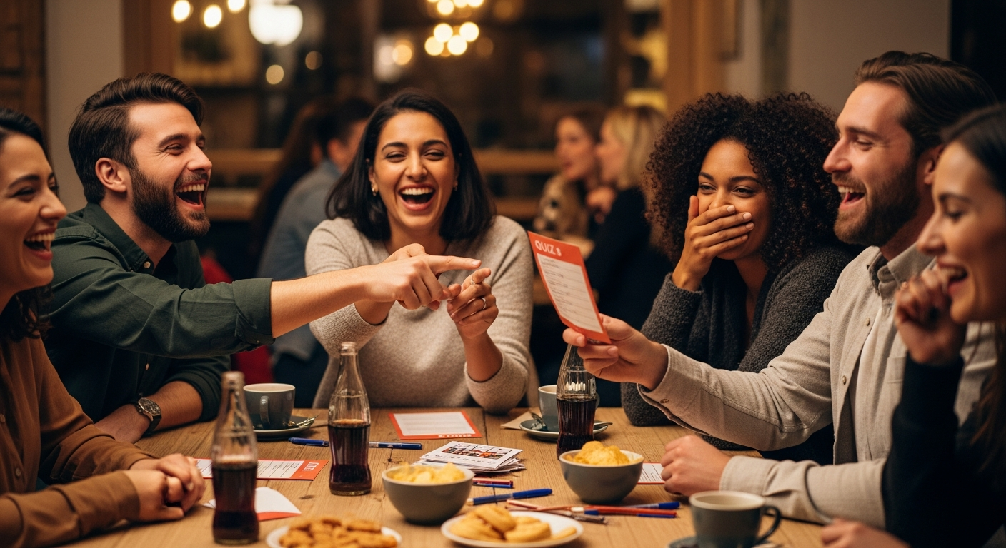 Voksne venner på kafé ler og svarer på morsomme quiz spørsmål om Norge i runde 1, med ark, penner og snacks på bordet.