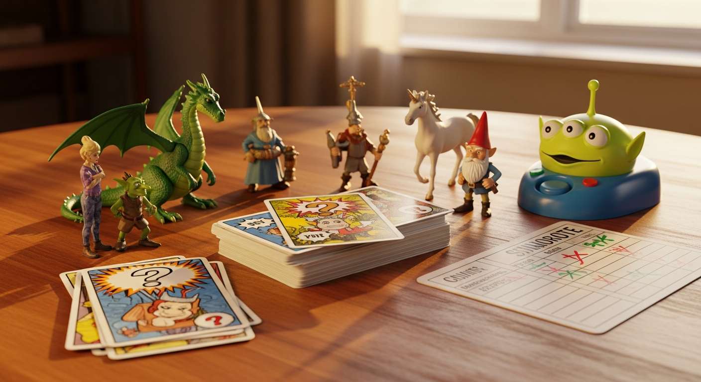 Bord med kortspill, plastfigurer som drage og enhjørning, og en poengblokk til familiequiz for barn