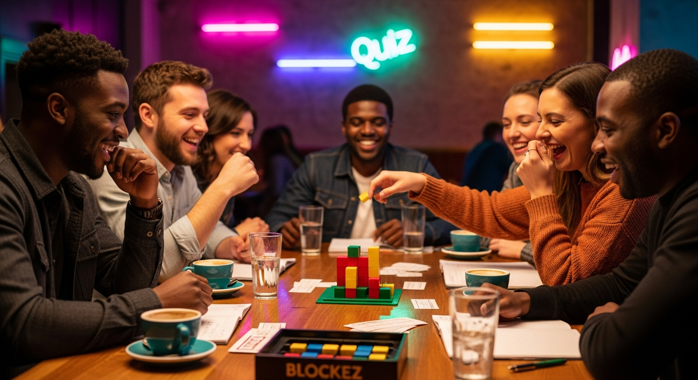 Venner på kafé spiller blokkbasert brettspill med fargede klosser og notater, med neonskiltet «Quiz» i bakgrunnen.