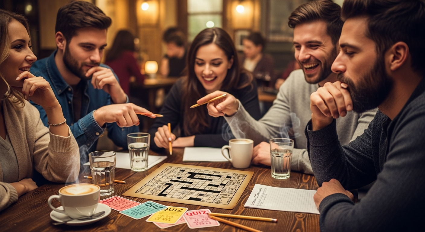 Unge voksne på kafé samarbeider om gjort gammeldags kryssord i Runde 1, med quizlapper, blyanter og drikke på bordet.