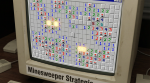 N&aelig;rbilde av et komplekst Minesweeper-brett med tallm&oslash;nstre og flagg som illustrerer avansert strategi