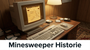 En gammel retro CRT-computer fra 1990-tallet, der viser det klassiske Minesweeper-spil på skærmen