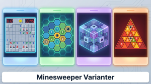 Collage av fire ulike Minesweeper-varianter: klassisk rutenett, heksagonalt brett, 3D-kube og trekantformet brett