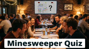 En gruppe voksne som spiller pubquiz med et Minesweeper-brett vist p&aring; storskjerm i bakgrunnen