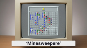 Et klassisk Minesweeper-spillebrett med flagg og tall på en grå Windows-bakgrunn
