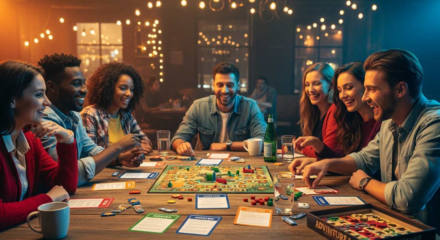 Unge voksne spiller brettspill rundt et bord og diskuterer quiz spørsmål i dempet belysning