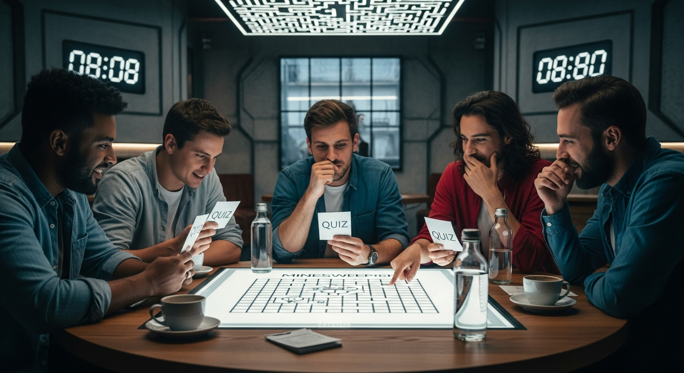 Fem menn rundt et bord følger med på et digitalt Minesweeper-brett og holder QUIZ-kort under Runde 1.
