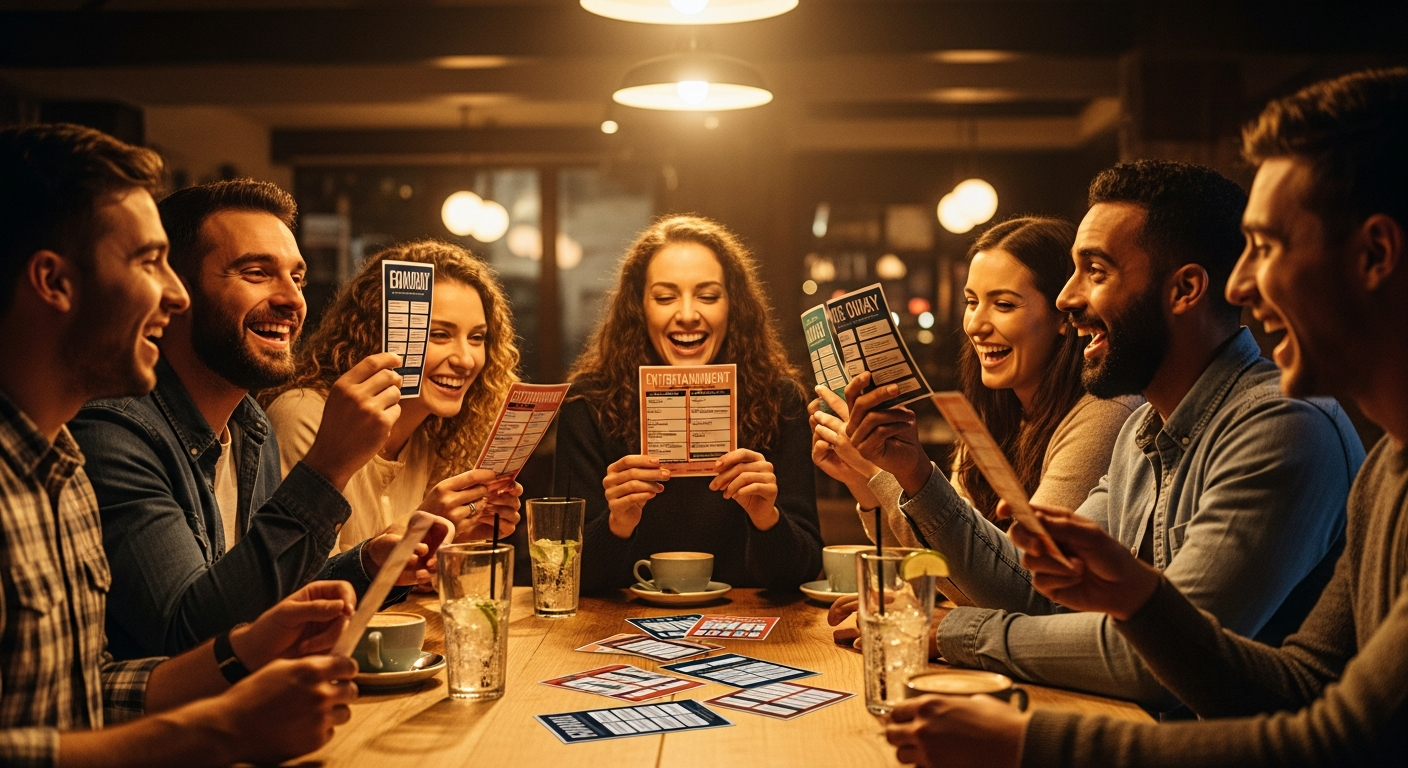 Venner på kafé spiller Runde 1 av Playworld-quiz med quizkort og drikke på bordet