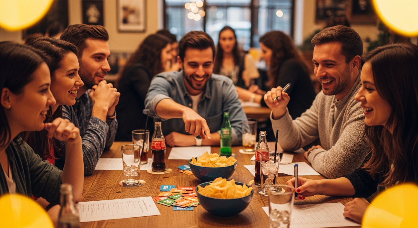 Unge voksne på kafé spiller en sosial quizrunde med ark og penner, med skåler poppa chips og drikke på bordet
