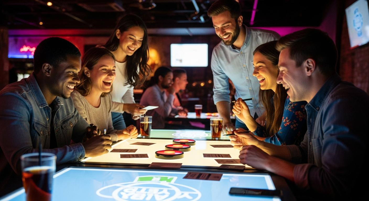 Venner rundt et opplyst bord på bar, ler og følger med på et rytme- og reaksjonsspill på skjerm under en pulsespill-quiz.